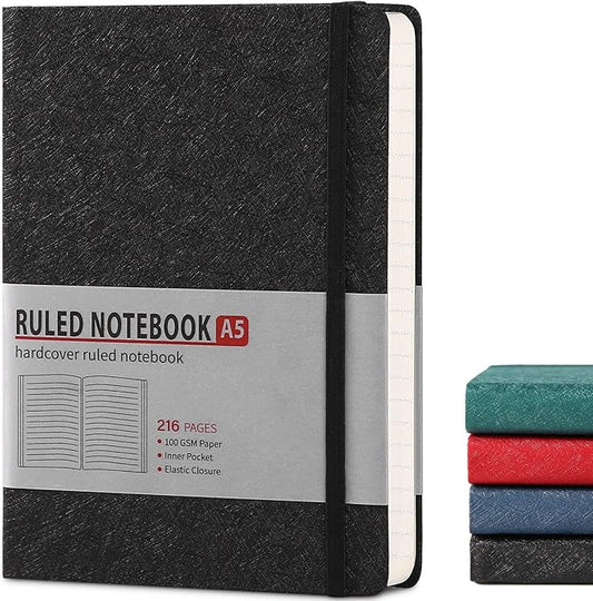 TSFPapier Lined Journal Notebook for Women Men 216 Pages A5 Hardcover Journals for Writing Daily Journaling Notebook for Work, School, Note Taking, Business, Travel Black