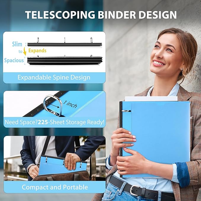 WOT I Telescoping 3 Ring Binder 1 Inch 12-Pack, Flexible Binder with Expandable Spine, Customized Front Cover, Clear Catalog Pocket, Holds 225 Sheets