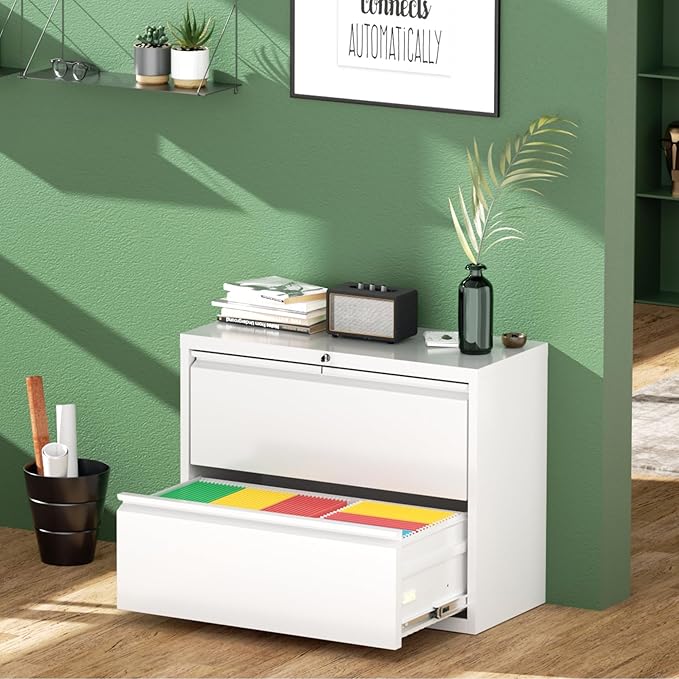 Greenvelly 2 Drawer File Cabinet, Metal Filing Cabinet with Lock, White Lateral File Cabinet for Home Office, Locking File Cabinet for Letter/Legal/F4/A4 Size Hanging Files, Easy Assembly