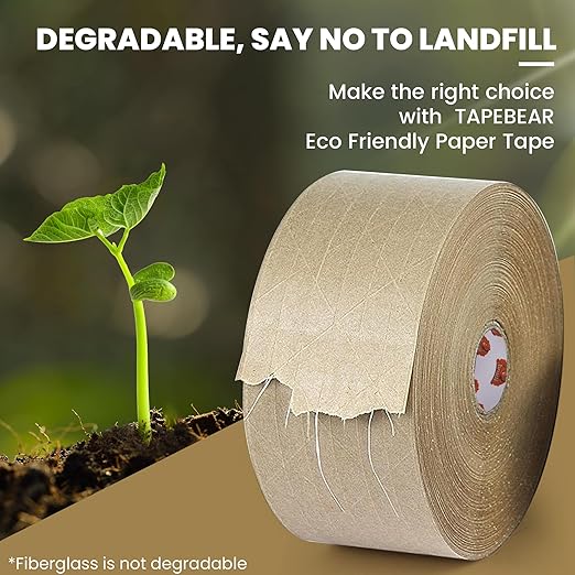 TAPEBEAR 1.5" Core Water Activated Tape, Fiber Reinforced Gummed Tape 2.75inch x 377ft, Eco-Friendly Kraft Paper Tape Biodegradable Brown Packing Tape for Security Sealing, Packaging, Shipping, 2Rolls