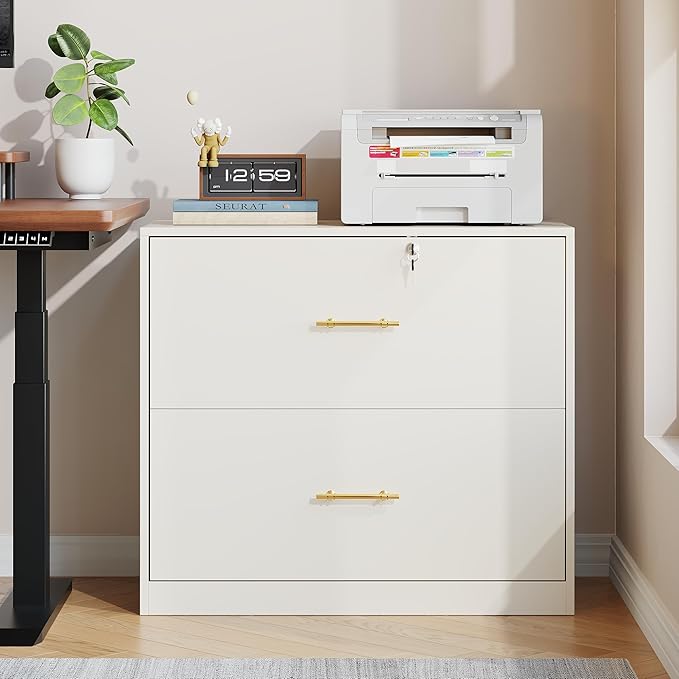 GFGWXW 2 Drawer Lateral File Cabinet with Lock, Suitable for Letter/A4/F4/Legal Size Hanging Files,Large Wood Filing Storage Cabinets Printer Stand for Home Office,White