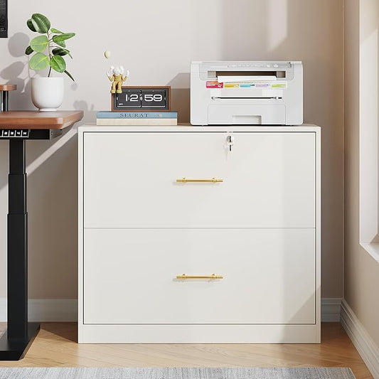 GFGWXW 2 Drawer Lateral File Cabinet with Lock, Suitable for Letter/A4/F4/Legal Size Hanging Files,Large Wood Filing Storage Cabinets Printer Stand for Home Office,White