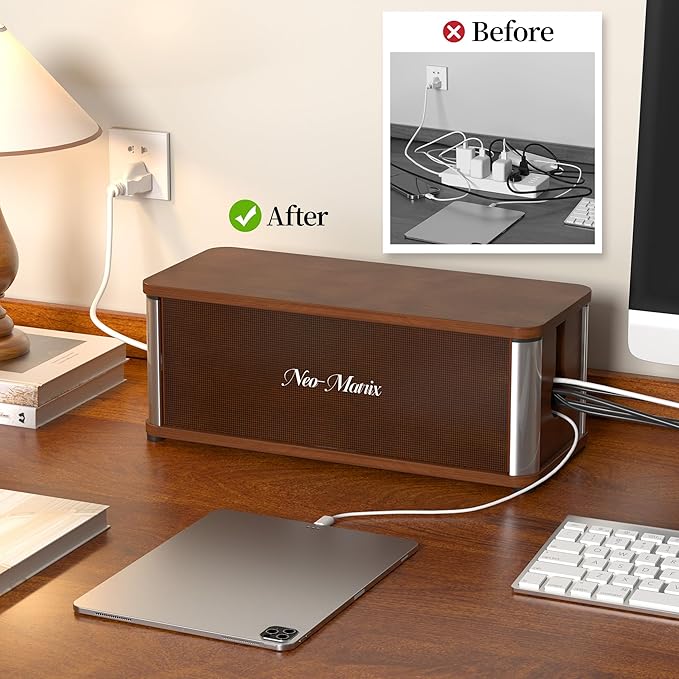 Delamu Wooden Cable Management Box, Retro-Inspired Look Desk Cord Organizer Box for Home Office, Large Cable Organizer Hides Cords and Power Strips, Power Strip Cover, 14.3" x 6.0" x 5.5", Dark