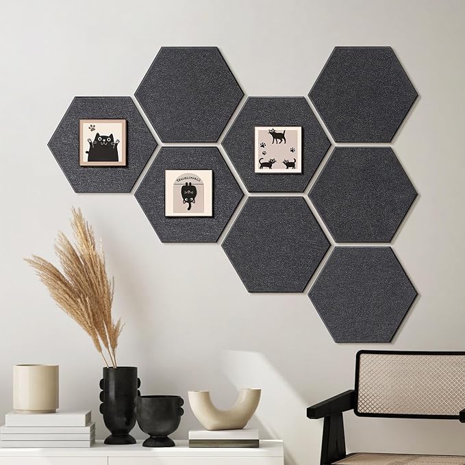 12'' Large Hexagon Cork-Bulletin Boards for Walls, Self-Adhesive Modern Corkboard, Frameless Felt Pinboard, Prayer-Vision Pin Board for Office, Pack of 8 Hex Cork Tiles with 30 Pushpins