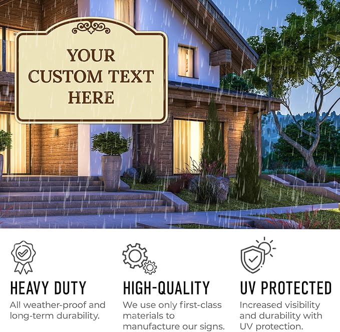 Custom Decorative Sign, Personalized Metal Sign for Business, Driveway, Home, Airbnb, Office Door Plaque, Brown Border Sign, 7x10 Inches, ACM, Fade Resistant, Made in USA by Sigo Signs