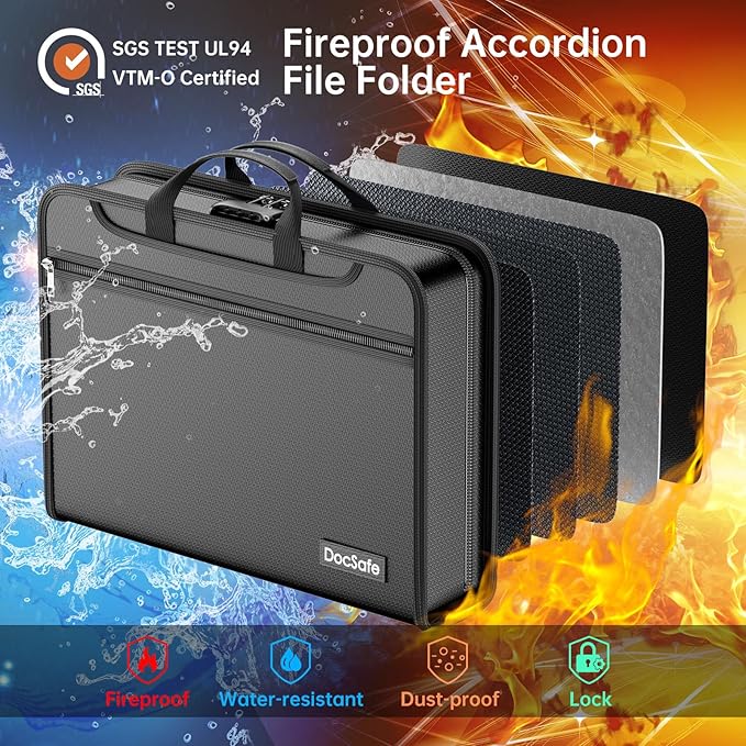 DocSafe Accordion File Organizer Bag with Lock, Fireproof Water Resistant Expanding File Folder with Multi Colorful Pockets,Document Organizer Safe Storage for Important Documents and More, Black