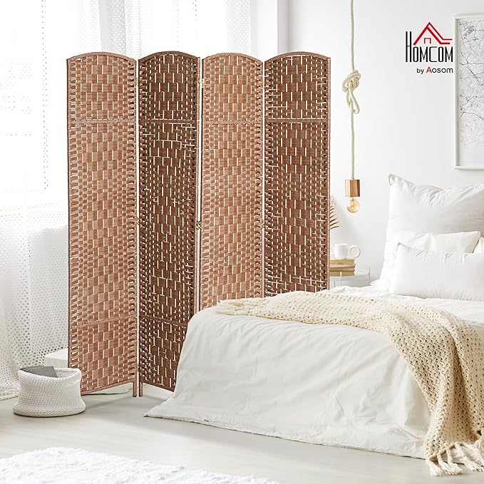 HOMCOM Room Divider, 4 Panel Folding Privacy Screen, 6FT Tall Portable Wicker Weave Partition Wall Divider for Bedroom, Home Office, Natural