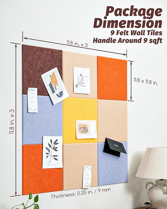 Felt Bulletin Board Wall Tiles, Cork Board Alternative with Removable Adhesive Dots for Walls, Picture Board for Office, Stylish Home, Playroom 11.8"x11.8", 9 Pack (Zesty)