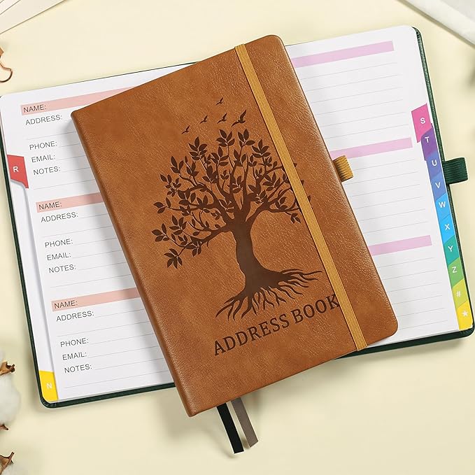 Address Book with Colorful Alphabetical Tabs (8.4" x 5.8") - Hardcover Telephone and Contact Organizer, with Space for Important Website Passwords and Software Licenses - Brown