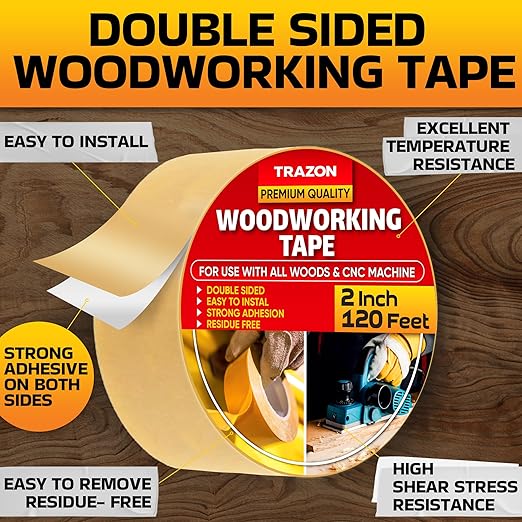 Trazon Double Sided Woodworking Tape Super Strong, 2 Inch x 120 Feet, Wood Crafter Sticky Tool, Two Side Adhesive for Router Templates and CNC Machine, Removable & Residue Free