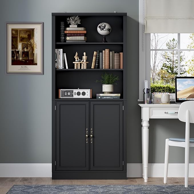 BORNOON 71.4" Tall Bookshelf with Cabinet, 5-Tier Floor Standing Bookcase with Doors & Adjustable Shelves, 31.5" Wide Storage Shelf, Metal Handles, Modern Organizer for Home Office, Living Room