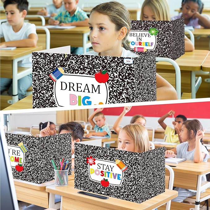 Cinrobiye 24 Pcs Composition Privacy Folders Standard for Students Cardboard Shields Test Privacy Boards Inspirational Words Desk Dividers Shield for Classroom School Study Supplies (Black)