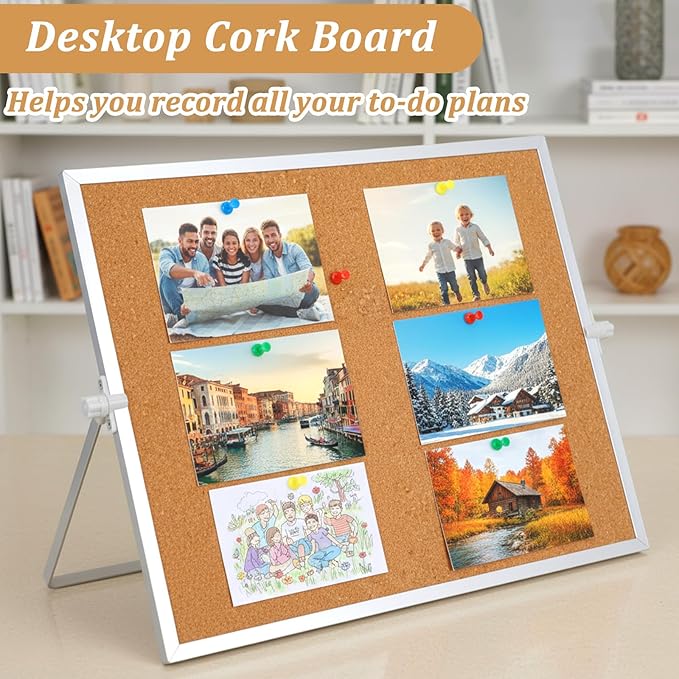 1 Pcs 11.81"×15.74" Cork Bulletin Board, Double Sided Pin with Silver Aluminum Border, Small Desktop Cork Board with Stand for Home, Office, School, Desk Message or Picture