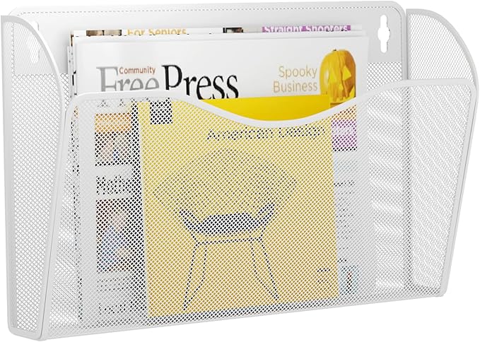 GDINDINFAN Single Pocket Wall File Holder, Mesh Hanging File Folder Paper Organizer, Vertical Wall Mounted Mail Basket, Storage Organization Magazine Rack for Office, Home and School, White