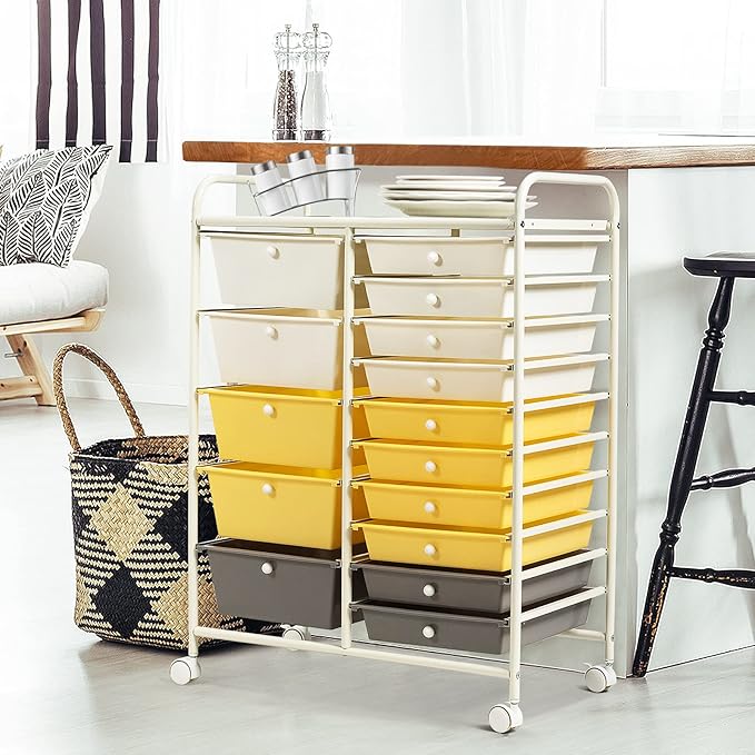 DORTALA 15-Drawer Rolling Storage Cart with Drawers, Rolling Utility Cart w/Removable Drawers & Universal Wheels, Tools Scrapbook Paper Organizer for School, Office, Home, Classroom (Yellow)