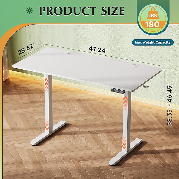 DEVAISE 48 x 24 Inch Standing Desk, Whole-Piece Electric Standing Desk with Adjustable Height, 3-Preset Memory Sit Stand up Desk, One Piece Desktop Computer Desk for Home, Office (White)