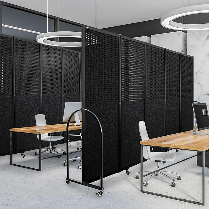 Folding Room Partition,Freestanding Privacy Divider,Portable Office Divider Wall,Commercial Space Partition Screen,Perforated Felt Panel Design,10'6"W x 6'7"H,5 Panel,Black