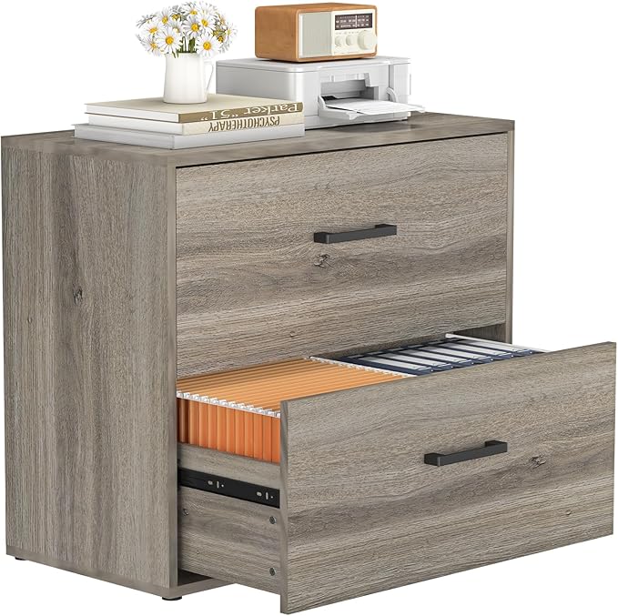 FATIGOS 2 Drawer File Cabinet, Wood Lateral File Cabinet, Wide Filing Cabinets for Home Office, Farmhouse File Cabinet Printer Stand for Hanging Files/Letters, Gray