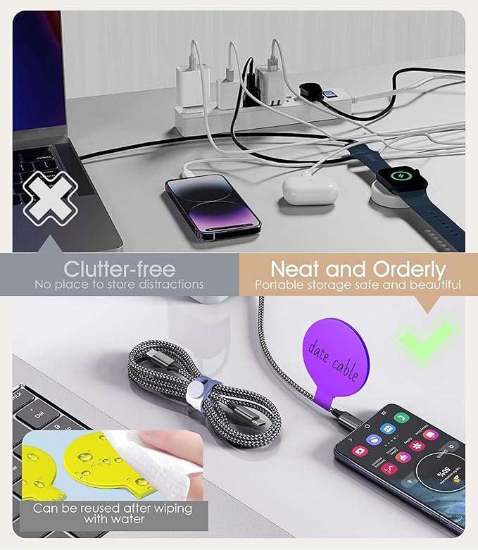 32Pcs Nearockle Cable Labels and Silicone Cable Ties Value Cable Management Set, 20 Cable Ties+12 Cord Labels for Electronics, Travel Home Office Desk Wire Organization(Multicolor)