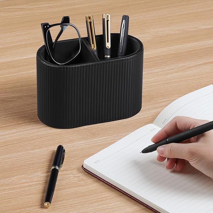 MEIBOOCH PU Leather Pen Holder for Desk, Small Remote Control Holder Pencil Cup Multifunctional Desktop Organizer Caddy for Home School Office Desk Accessories - 2 Compartments (Black Ribbed Texture)
