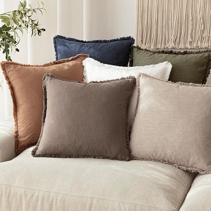 Foindtower Set of 2 Decorative Linen Fringe Throw Pillow Covers Cozy Farmhouse Cushion Cover with Tassels Accent Pillowcase for Couch Chair Sofa Bed Living Room Home Decor,22×22 Inch,Light Coffee