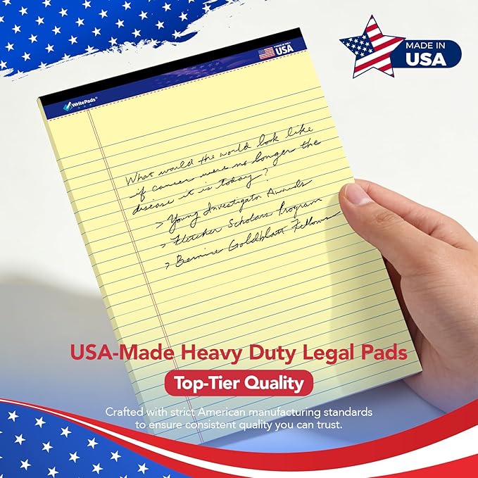 WritePads Legal Pad 8.5"x14" Note Pad,Wide Ruled Writing Pad,Canary Paper,6 Pack,50 Sheets Per Pad,Micro perforated Notepad,Made in the USA