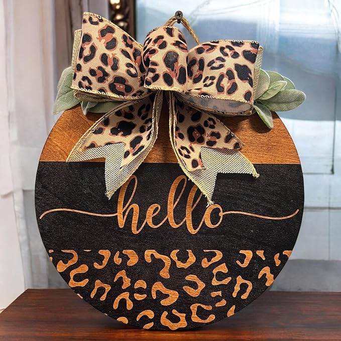 Wood front door sign Wood sign Home decor Welcome sign Sign for front door House warming gift Wedding gift (Hello Cheetah-UV025(A39) S003, 22" Width)