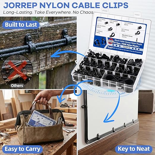 JORREP 322PCS Black Cable Clips R-Type Nylon Wire Clips Assortment Kit 6 Sizes 3/16" 1/4" 3/8" 1/2" 3/4" 1" Cable Clamps with M4 Screws for Wire Managemen, Office, Garage