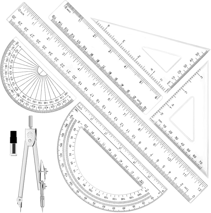 Geometry Set - 7Pcs Geometry Kit with Clear Plastic Ruler 12Inch & 6Inch, Triangle Ruler, Protractor and Compass Set for School Office Math Drawing Drafting Engineering Architecture Art