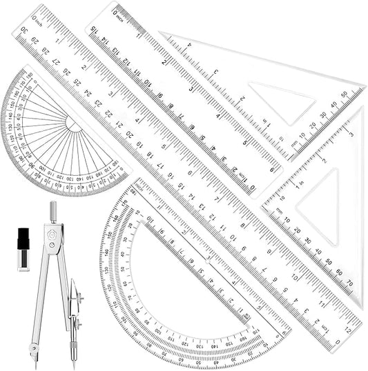 Geometry Set - 7Pcs Geometry Kit with Clear Plastic Ruler 12Inch & 6Inch, Triangle Ruler, Protractor and Compass Set for School Office Math Drawing Drafting Engineering Architecture Art