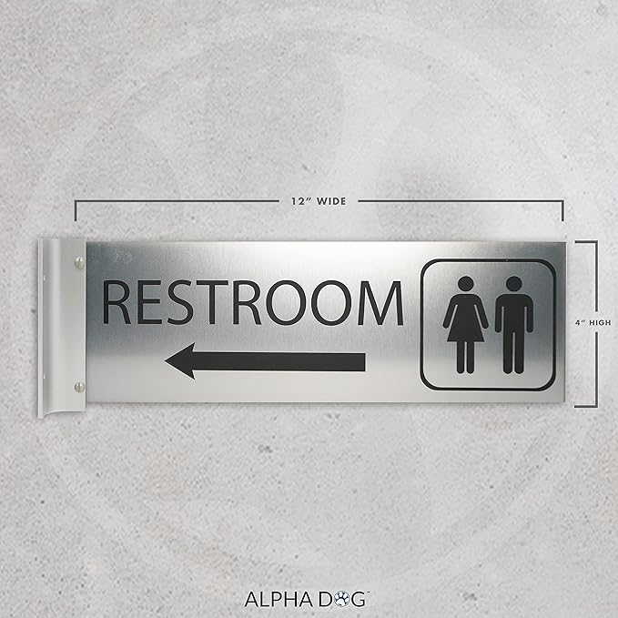 ALPHA DOG SIGNS Corridor Projecting Hallway Bathroom Sign, Left Arrow, 4"x12" Double Sided, Indoor/Outdoor, Easy Install, Durable Business Wayfinding Plaque, USA-Made (Brushed Stainless)