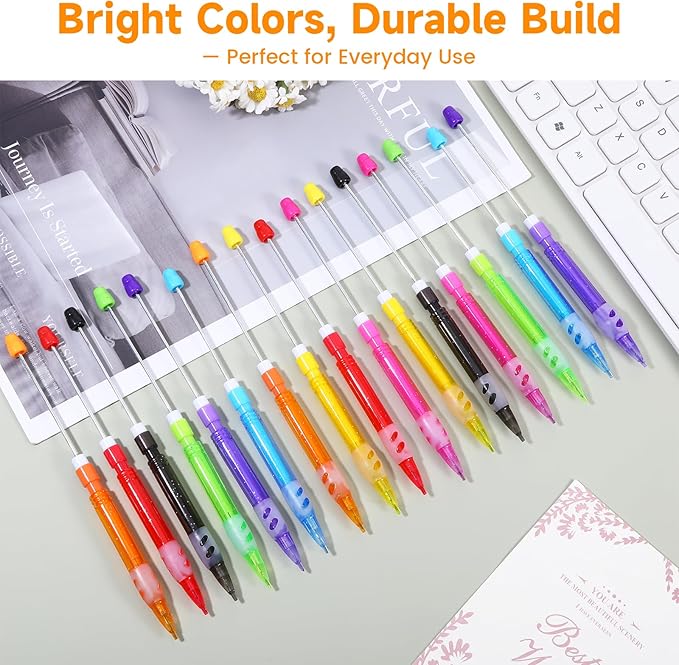 16Pcs Beadable Mechanical Pencils Bulk, Include 16 Beaded Mini Mechanical Pencil with 16 Lead Refills, Beadable Pencils with Silicone Hand Guard for Writing Drawing Sketching DIY Crafting (8 Colors)