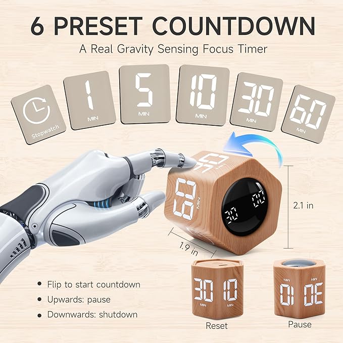 Exlliy Productivity Timer 1, 5, 10, 30, 60 Minutes Preset, Desk Cube Timer with Gravity Sensor/Mute/Vibration for ADHD, Work, Study, Kitchen, Back to School (1, Wood Grain)