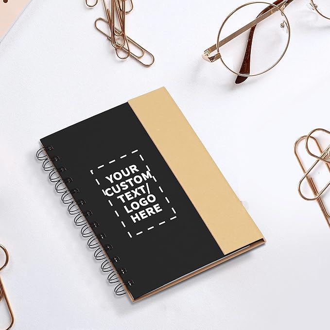 DISCOUNT PROMOS Custom Eco Friendly Spiral Notebooks with Pens Set of 10, Personalized Bulk Pack - Perfect for School, Office, Home - Black