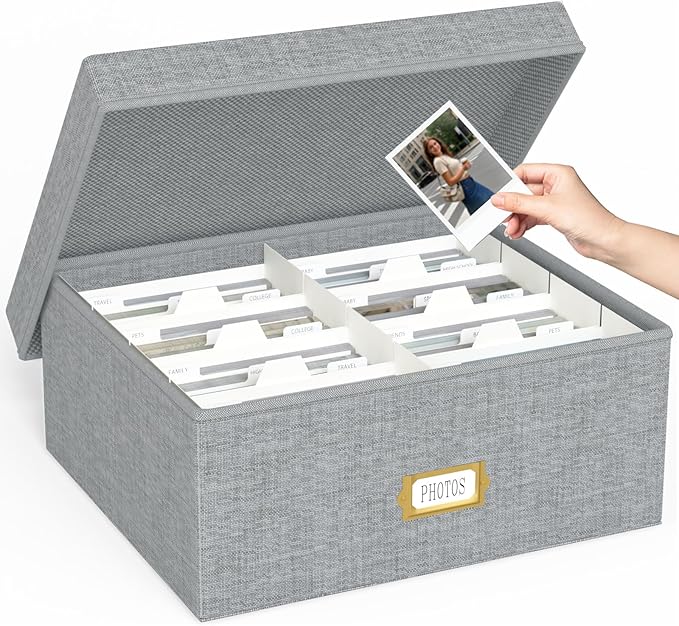 Decorative Photo Storage Box - Linen Photo Box Organizer with Dividers, Fits Holds Up to 1700 Pictures and 4x6 Photos, Memory Keepsake Organizer for Photos, Scrapbook Supplies, Cards, Stamps (Grey)