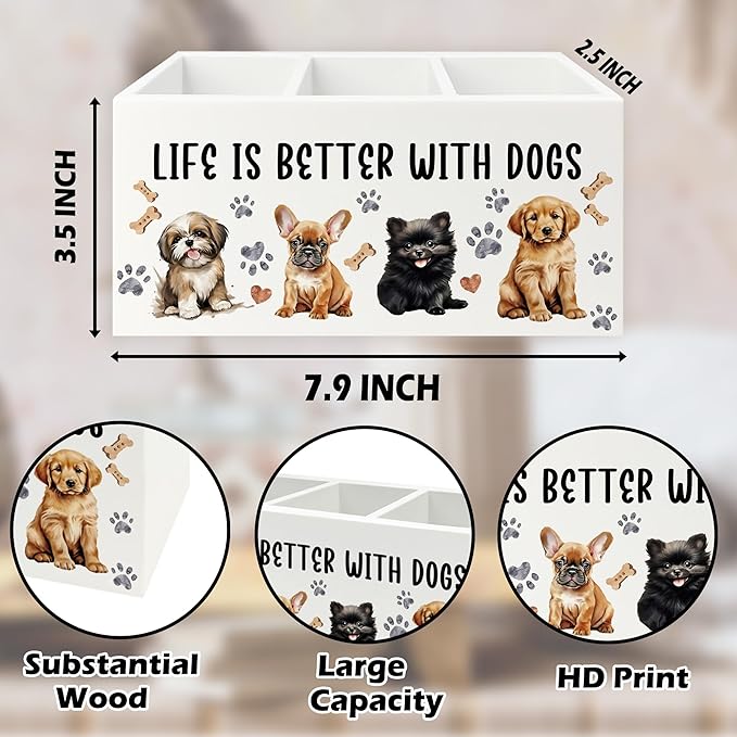 QZQE Dog Pen Pencil Holder Organizer for Desk, Dog Lovers Mom Gifts for Women, Life Is Better with Dogs Wooden Box Signs Decorations for Home Office Desk Tabletop, Gifts for Pet Lovers