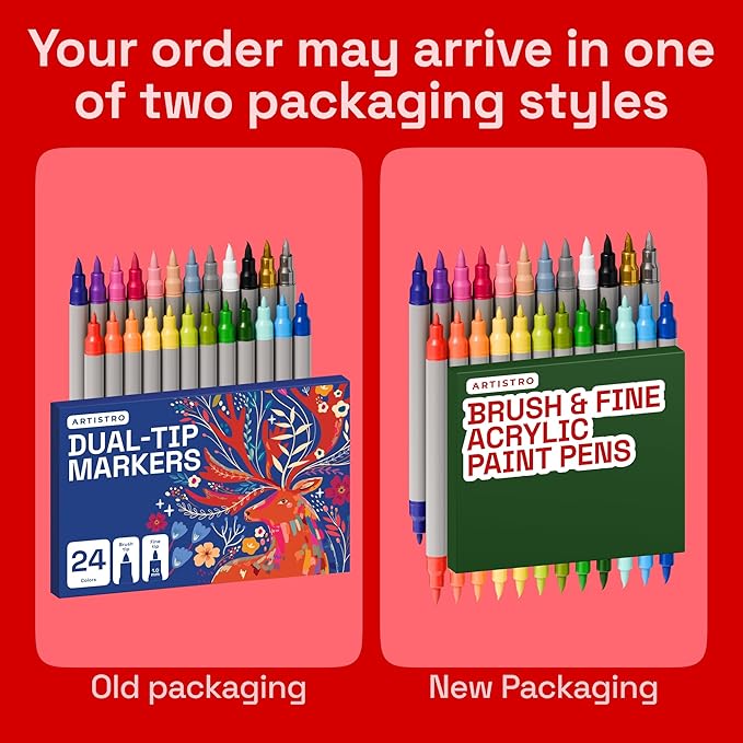 ARTISTRO 24 Acrylic Paint Markers - Paint Pens Dual Tip Brush + Fine Ideal for Calligraphy - Perfect for Fabric, Rock, Glass, Wood, DIY - Art Supplies, Stocking Stuffers, Christmas Gift Idea