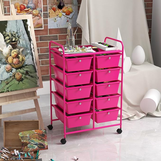 LDAILY 10 Drawer Rolling Cart, Storage Cart Organizer on Wheels, Drawer Cart with Metal Frame & Large Storage Capacity, Rolling Cart with Drawers for Living Room Classroom, Office