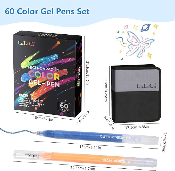 LIULIUCAI Gel Pens for Adult Coloring Book, 60 Colors Large Capacity Metallic Glitter Gel Ink Pens with Case, 1.0 mm Bullet Tip Smooth Writing, Artist Colored Gel Pen for Coloring Drawing Journaling