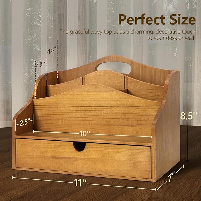 Pine Wood Mail Organizer For Desk - Rustic Mail Sorter With Drawer & Dividers 4-Slot Letter Sorter For File And Jewelry - Wooden Letter Holder For Desk Organization & Home Office Decor (Yellow)
