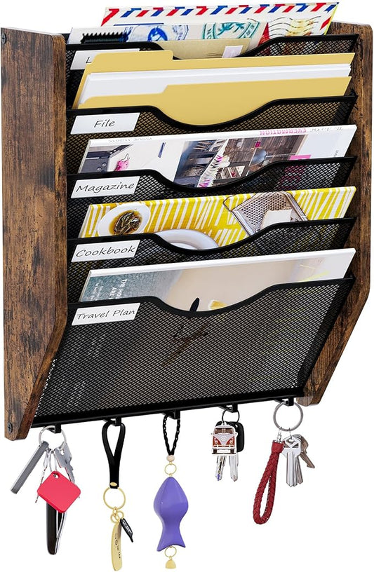 PAG-Mass Wall File Organizer With Hooks, 5 Tier Mesh Mail Organizer Wall Mounted,Hanging File Organizer,Magazine Holder for Documents,Magazine,Literature,File,Mails,Envelopes