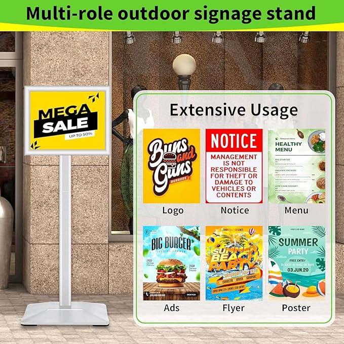 INNOVSIGN Heavy Duty Adjustable Pedestal Poster Sign Stand, 11x17 Aluminum Open Floor Standing Sign Holder for Vertical and Horizontal View Display, Silver