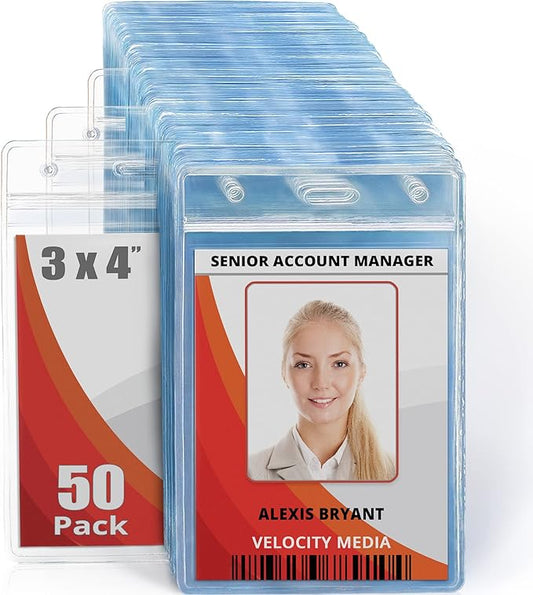 Mifflin-USA Large (L) Vertical ID Badge Holders (Clear, 3x4 inch, 50 Pack), Plastic Nametag Covers with Zipper, Name Tag Holder
