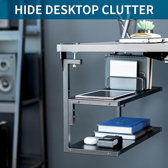 VIVO Clamp-on 24 inch Above or Below Desk 2-Tier Shelving Unit for Table Accessories, Gaming Devices, and More, Storage Tray, Desktop Organizer, Black, STAND-SHELF24C