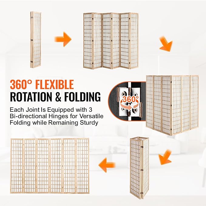 VEVOR Room Divider, 6 Panel Japanese Room Divider, Wood Folding Privacy Screen Indoor, Partition Dividers Portable Decoration Screens, for Room Separation Home Office Restaurant & Bedroom(Natural)