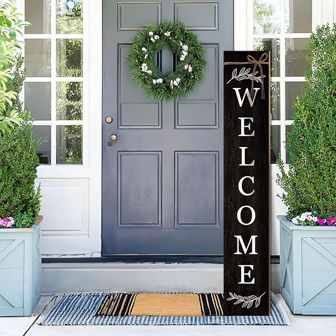 Welcome Porch Sign Decor Wooden Hanging Sign Door Porch Standing Decorative Signs Plaques for Front Door Farmhouse Outdoor Indoor Welcome Sign 47.2"H（black）