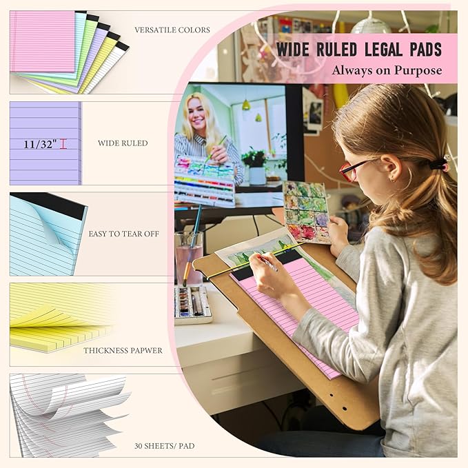Colored Legal Pads, 3 Pack Writing Pads 8.5 x 11, Wide Ruled Legal Notepads, Lined Pads of Paper 8.5 x 11, Blue/Purple/Green Note Pads, 30 Sheets Per Legal Pads for School, College, Office, Home