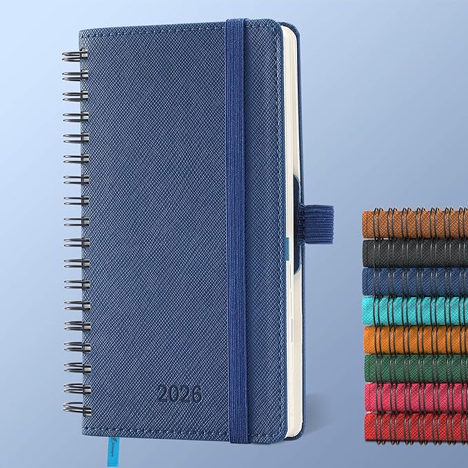 IN-LUXPRO Planner 2026 Daily Weekly and Monthly,6.5"x3.75",12 Months Spiral Bound Calendar Agenda with Self-adhesive Pen Holder,2026 Appointment Book with Vegan Leather Soft Cover,Blue