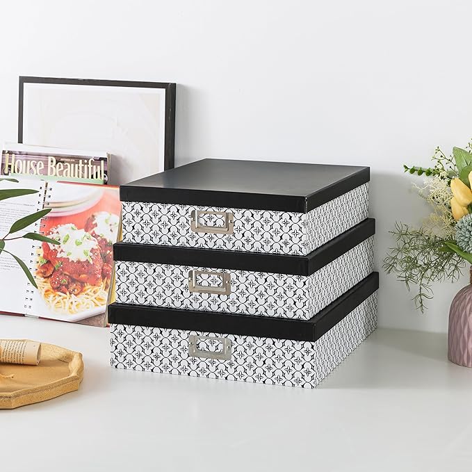 Soul & Lane Black and White Decorative Storage Boxes with Lids for Organizing, Set of 3 Jumbo Scrapbook Storage Boxes for Documents, Keepsakes, Memories, Modern Trellis