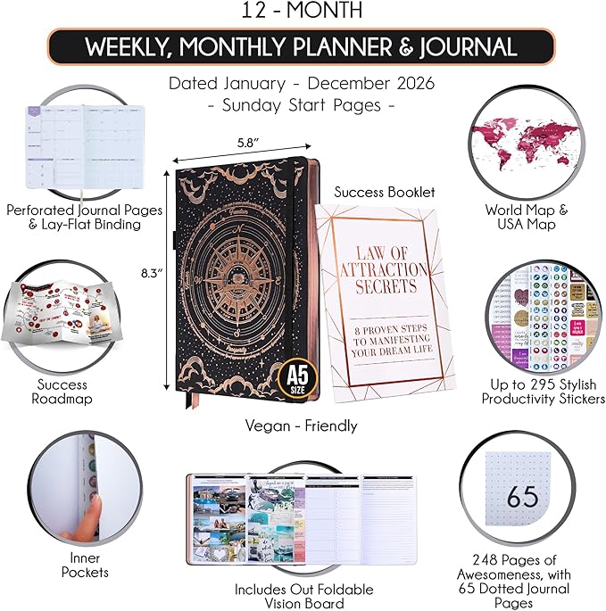 Law of Attraction Planner 2026 Deluxe with Productivity App | Weekly & Monthly Goal-Setting Planner, Life & Gratitude Journal | Include Foldable Vision Board, Gift Box & Stickers